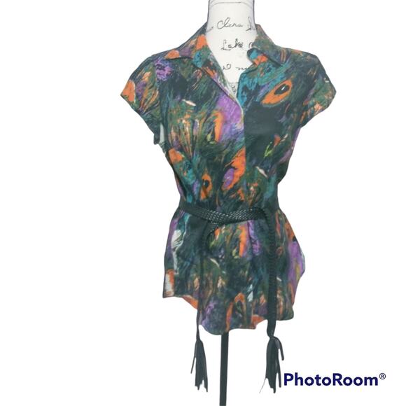 Richard Malcolm Colorful Abstract Peacock Feather Linen Top With Belt S - Picture 1 of 6